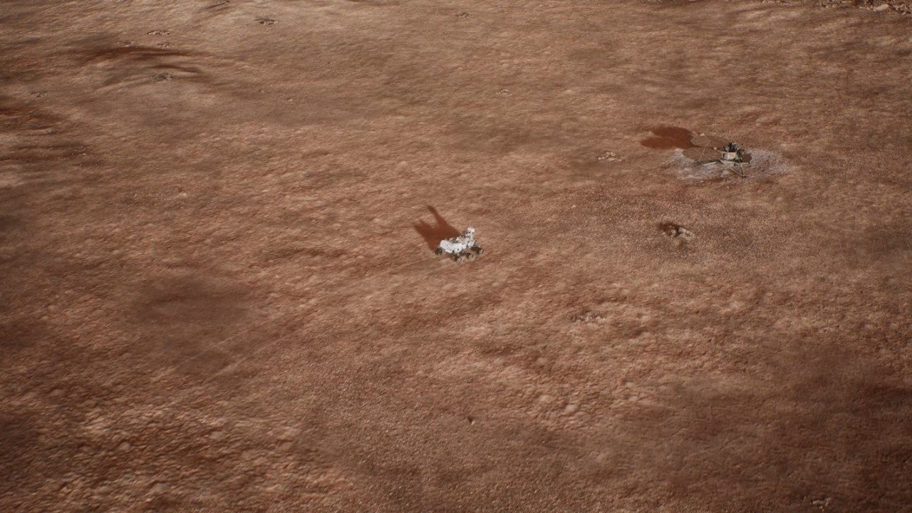 Artist interpretation of NASA's Perseverance rover approaching Lockheed Martin's Mars Sample Return lander.